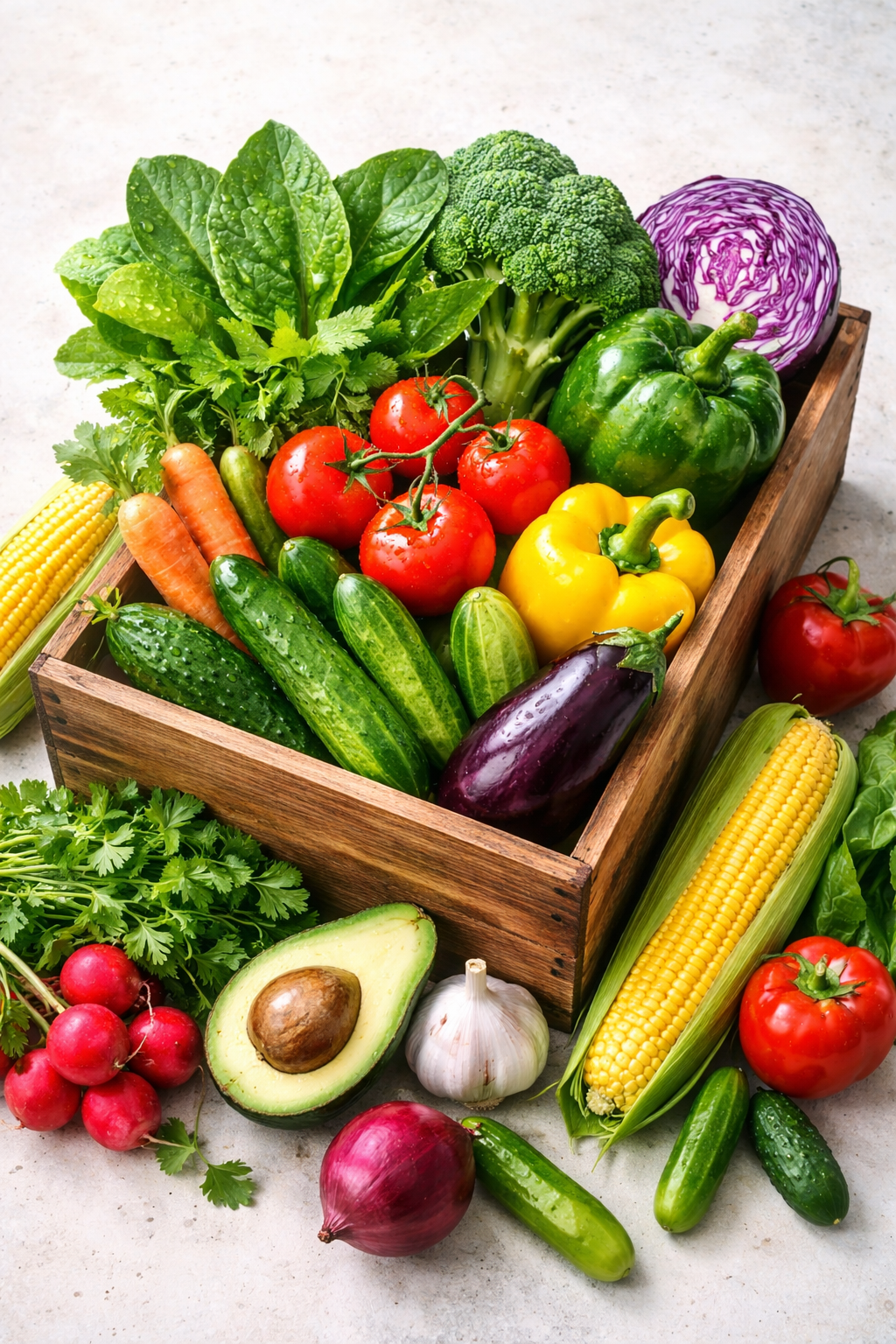 fresh harvest in a wooden crate